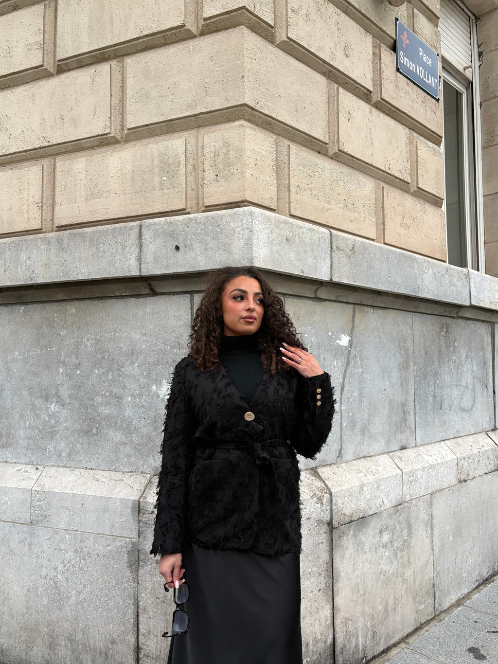 Veste noir texturée & ceinturée - NERINA